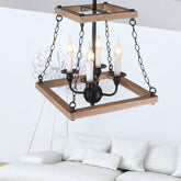 Trapezoid Chandelier Lamp - Brown Farmhouse Style with Flameless Candle, Metal & Wood - 4-Light Kitchen Hanging Pendant - This Brown Trapezoid Chandelier Lamp with Flameless Candle is perfect for your modern farmhouse style. The metal and wood create a beautiful contrast,